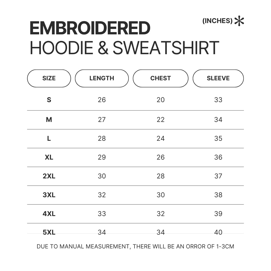 Embroidered Hoodie Sweatshirt Size Chart - One Piece Gifts Store