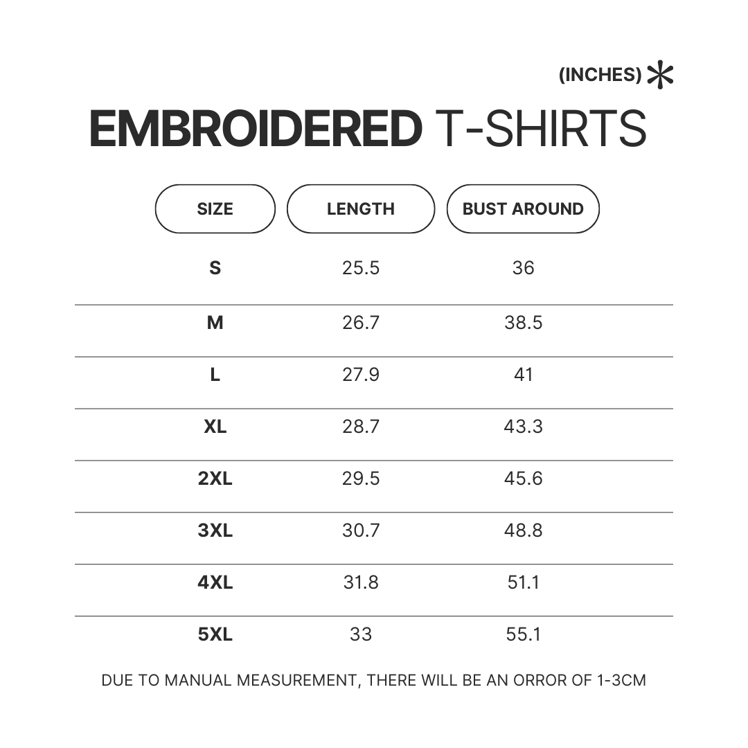 Embroidered T shirt Size Chart - One Piece Gifts Store