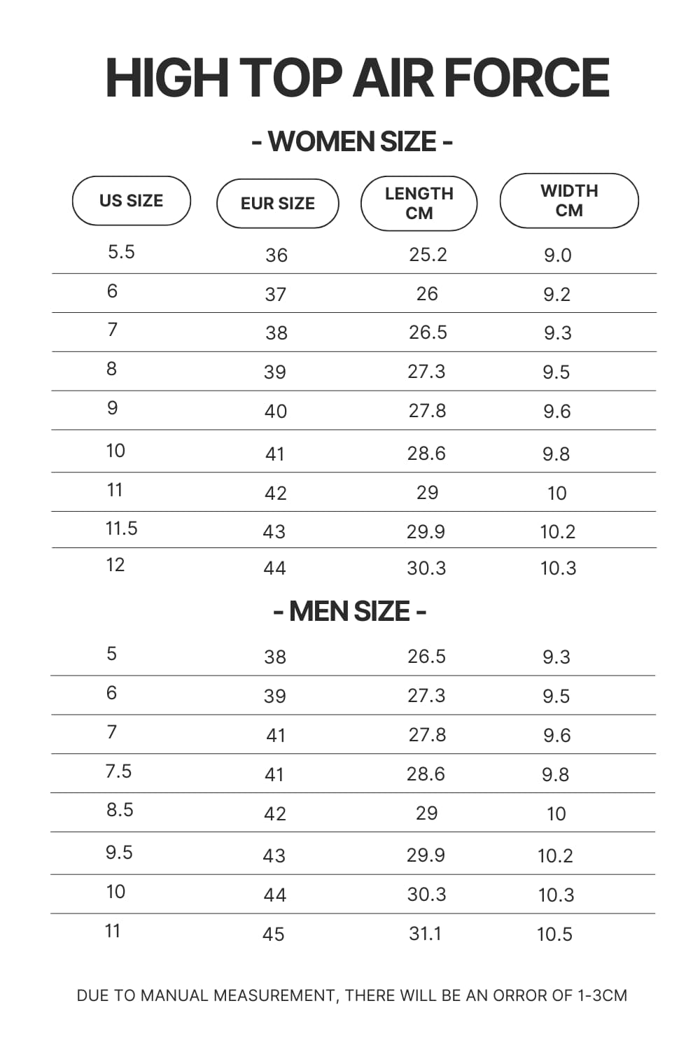 High Top Air Force Shoes Size Chart - One Piece Gifts Store