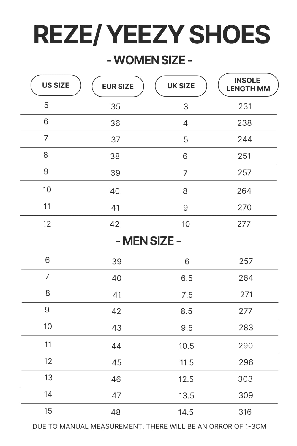 Reze Yeezy Shoes Size Chart - One Piece Gifts Store