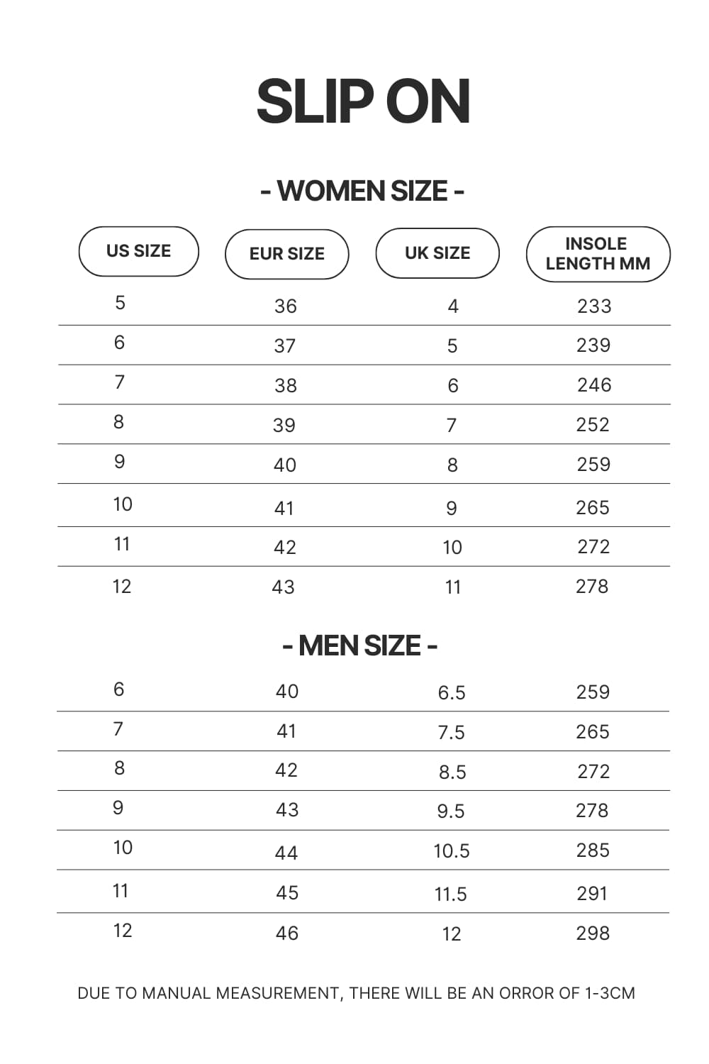 Slip On Size Chart - One Piece Gifts Store