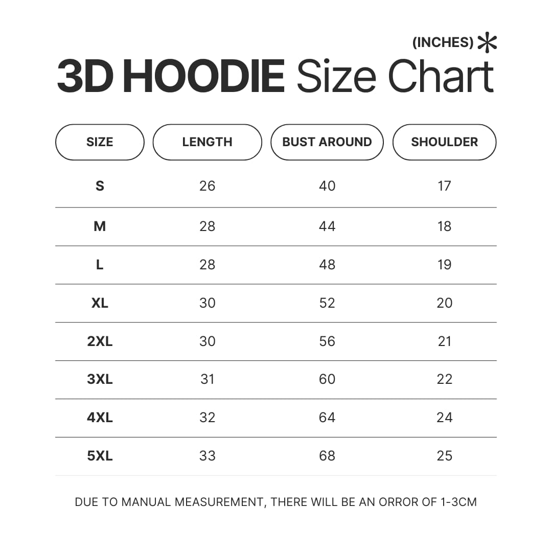 3D Hoodie Size Chart - One Piece Gifts Store