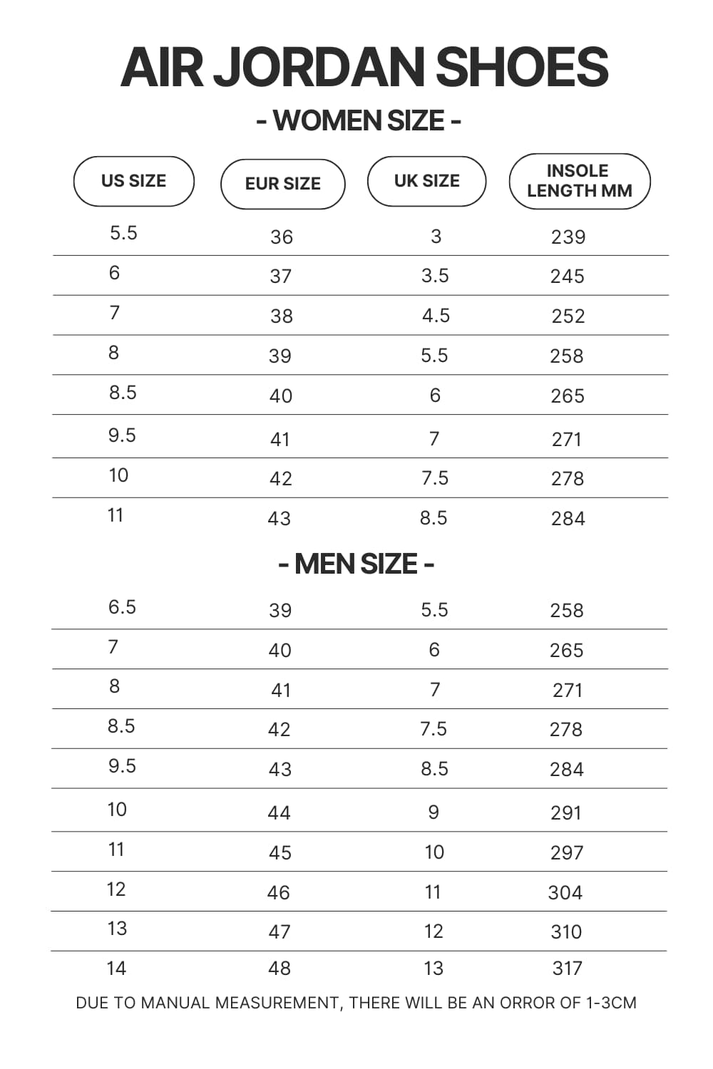 Air Jordan Shoes Size Chart - One Piece Gifts Store