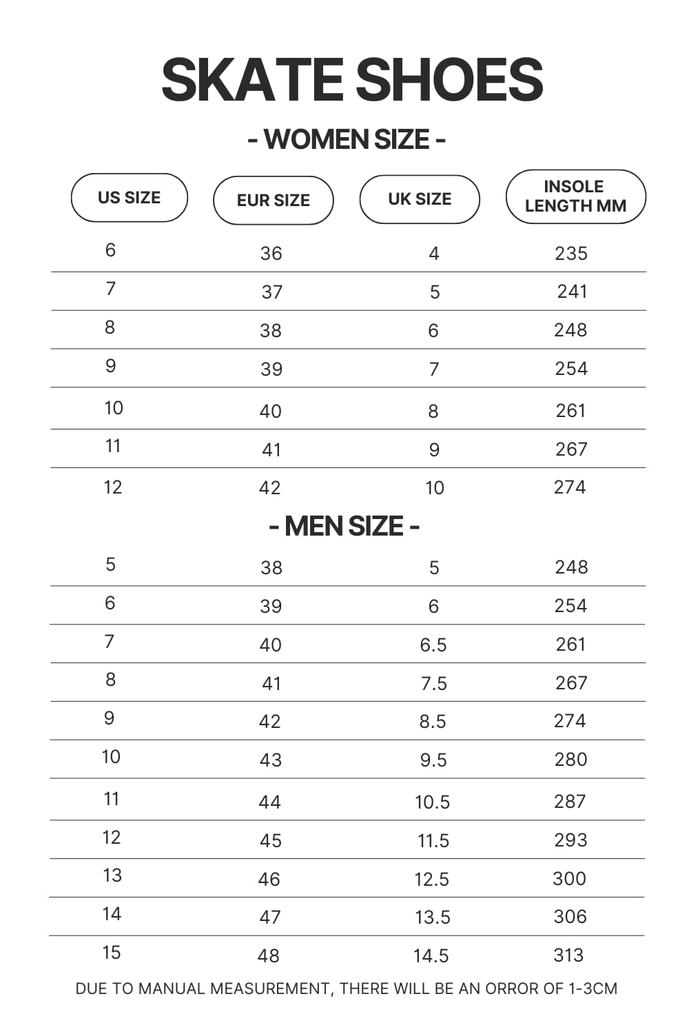 Skate Shoes Size Chart - One Piece Gifts Store