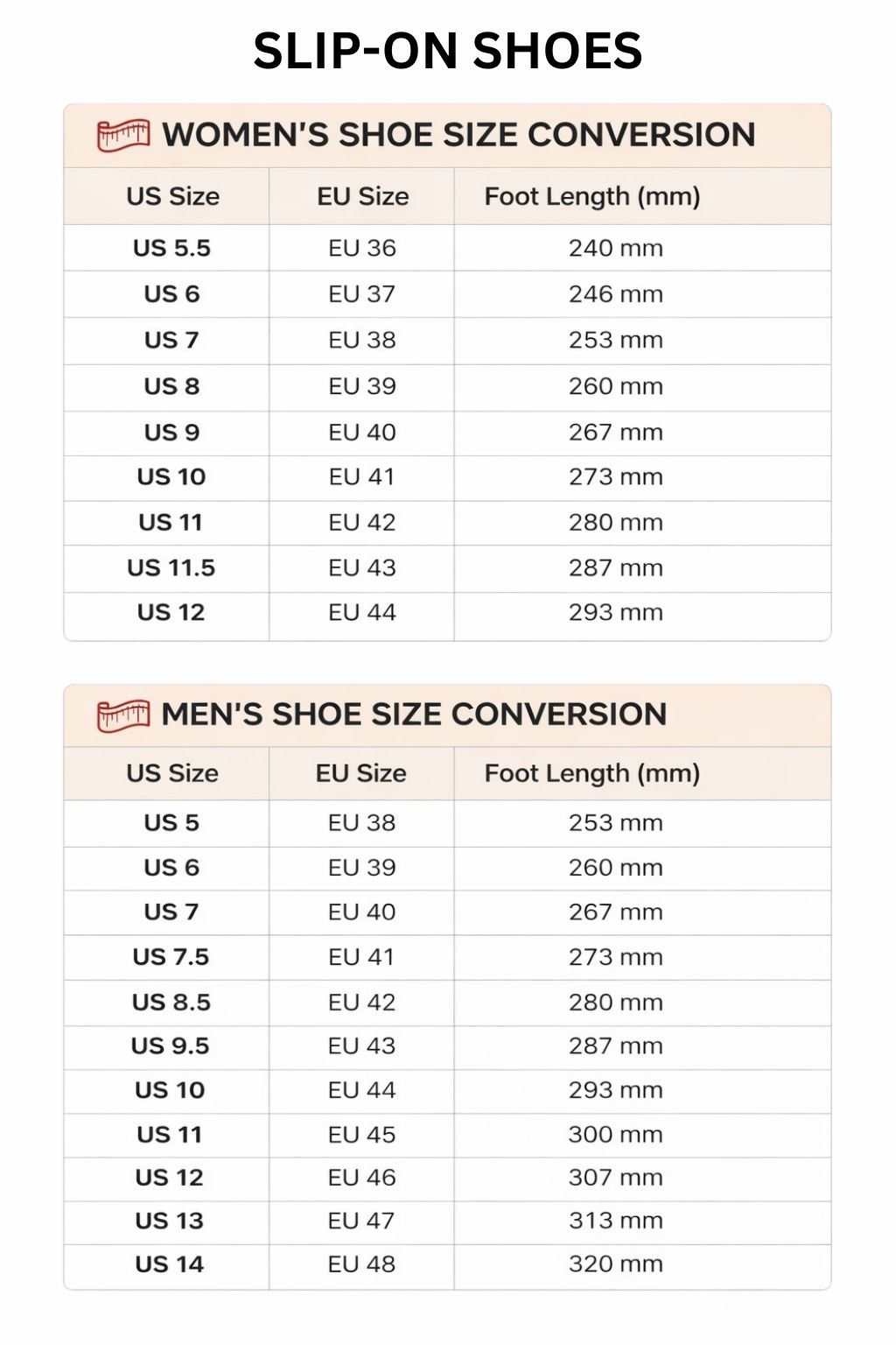 Slip On Shoes Size Chart - One Piece Gifts
